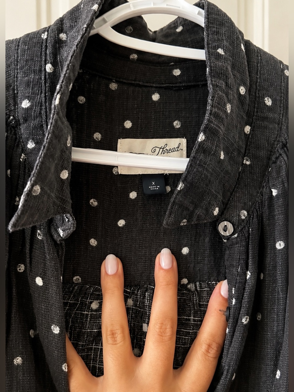 Women’s Short-Sleeve Button-Down Top with White Polka Dots - Picture 2 of 6